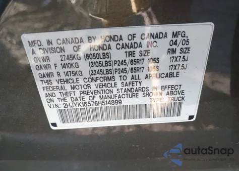 2006 Honda Ridgeline Rtl from USA, damaged, VIN 2HJYK16576H514899